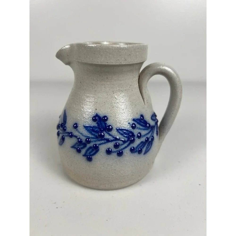Salmon Falls Stoneware 2001 Small Pitcher Creamer Blue Berry Vine Salt Glazed NH